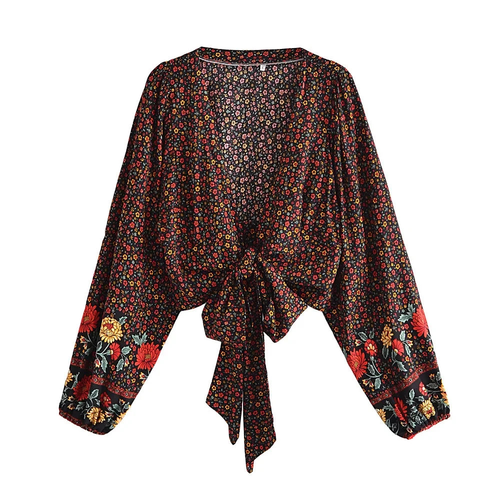 Boho Noir Garden Tie-Front Blouse