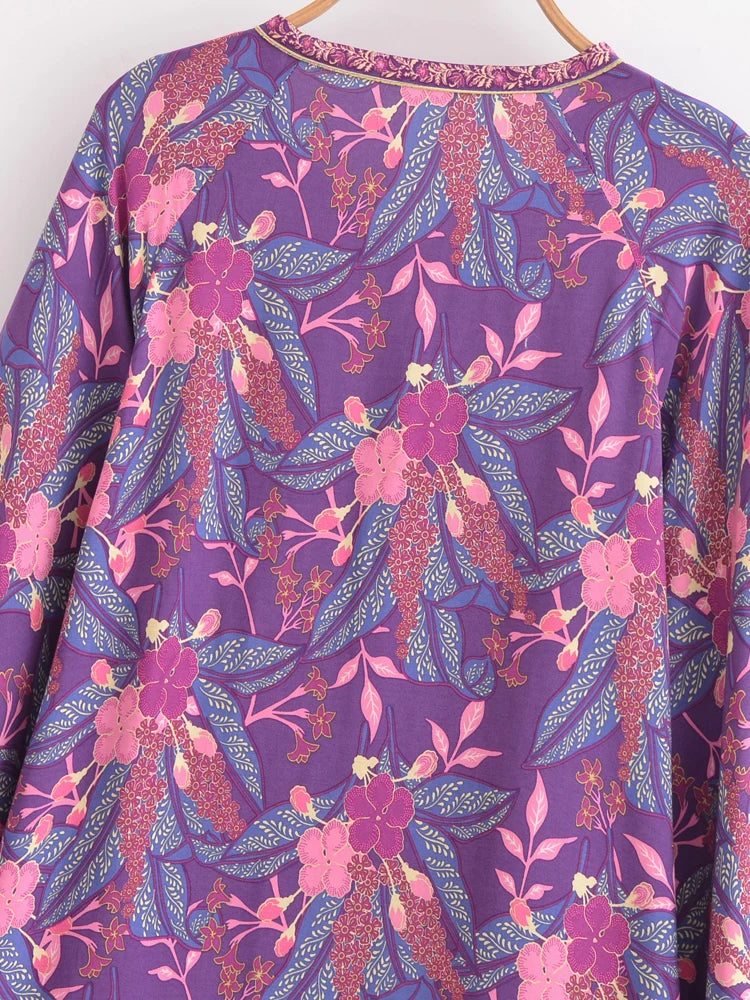Purple Feather Boho Blouse – Button Detail &amp; Flowy Fit