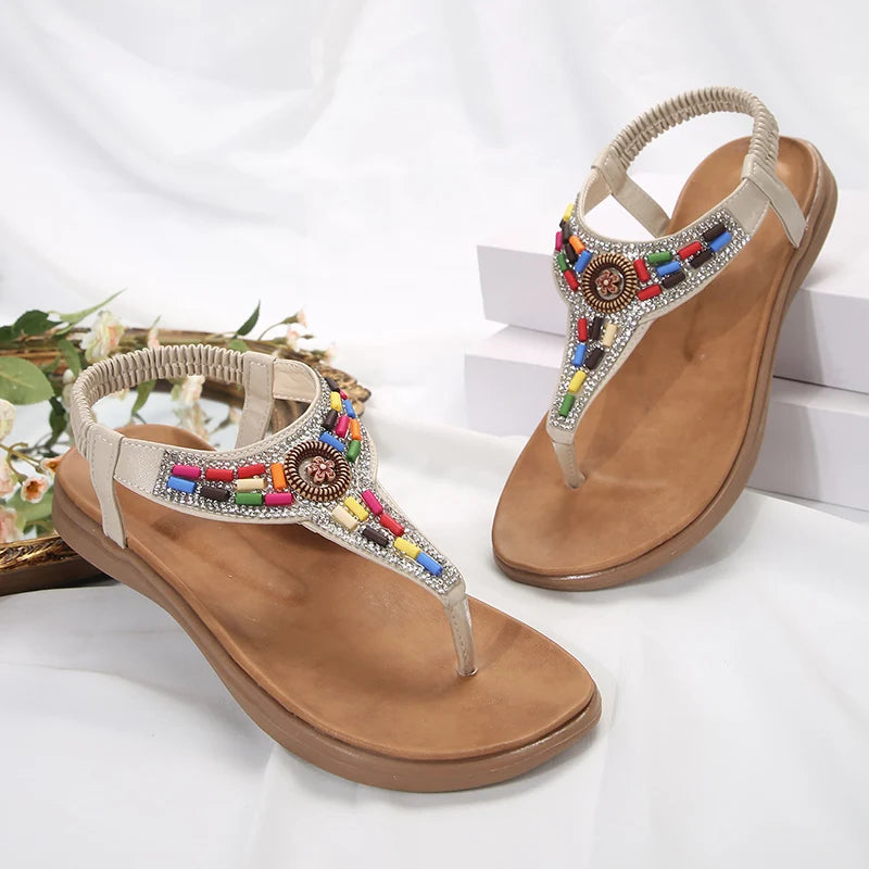 Boho Beaded T-Strap Wedge Sandals