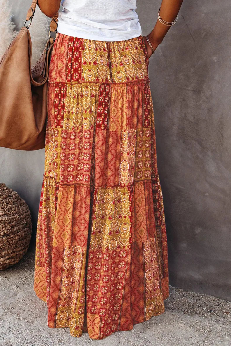 Kaleidoscope Dream: Boho Patchwork Print Maxi Skirt