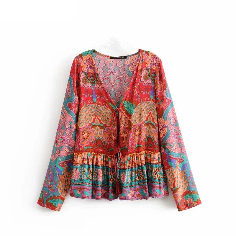 Boho Patchwork Print Long Sleeve Blouse – Colorful Freedom in Every Thread