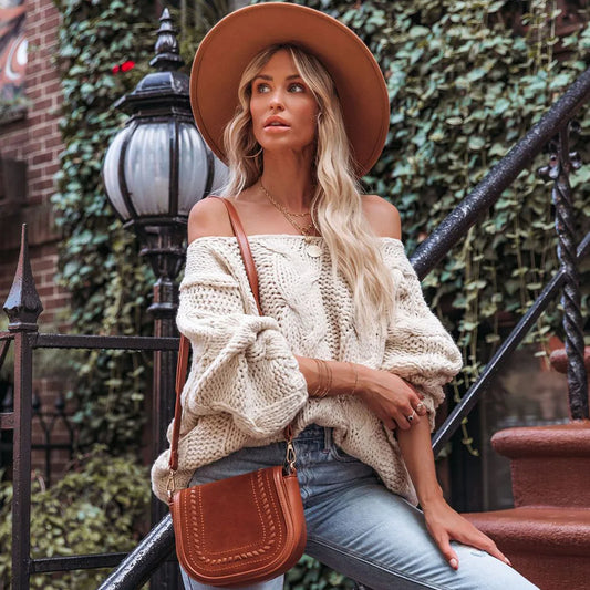 Boho Slouchy Off-Shoulder Knit Sweater