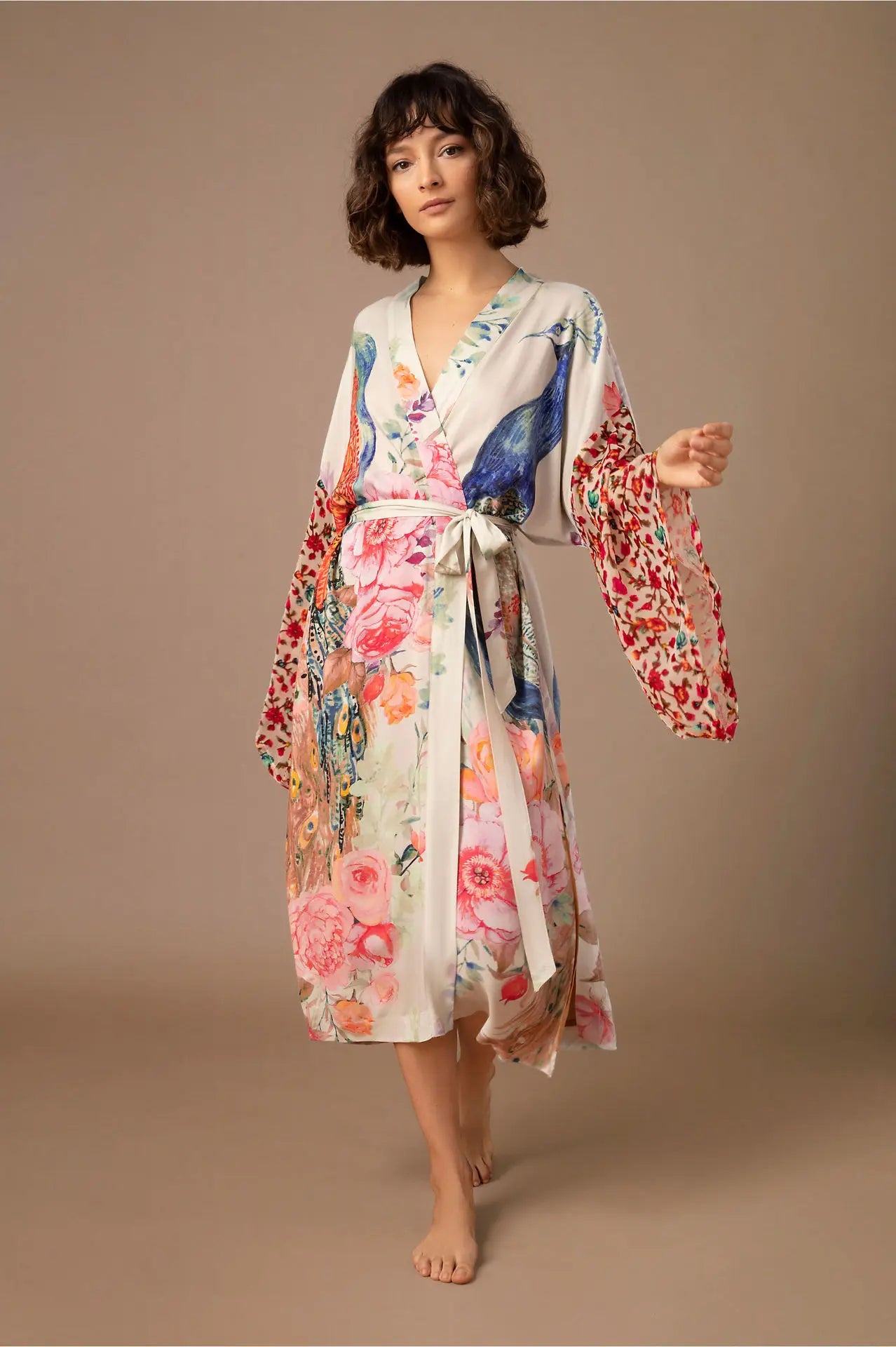 Boho Peacock & Floral Print Kimono Robe – One Size