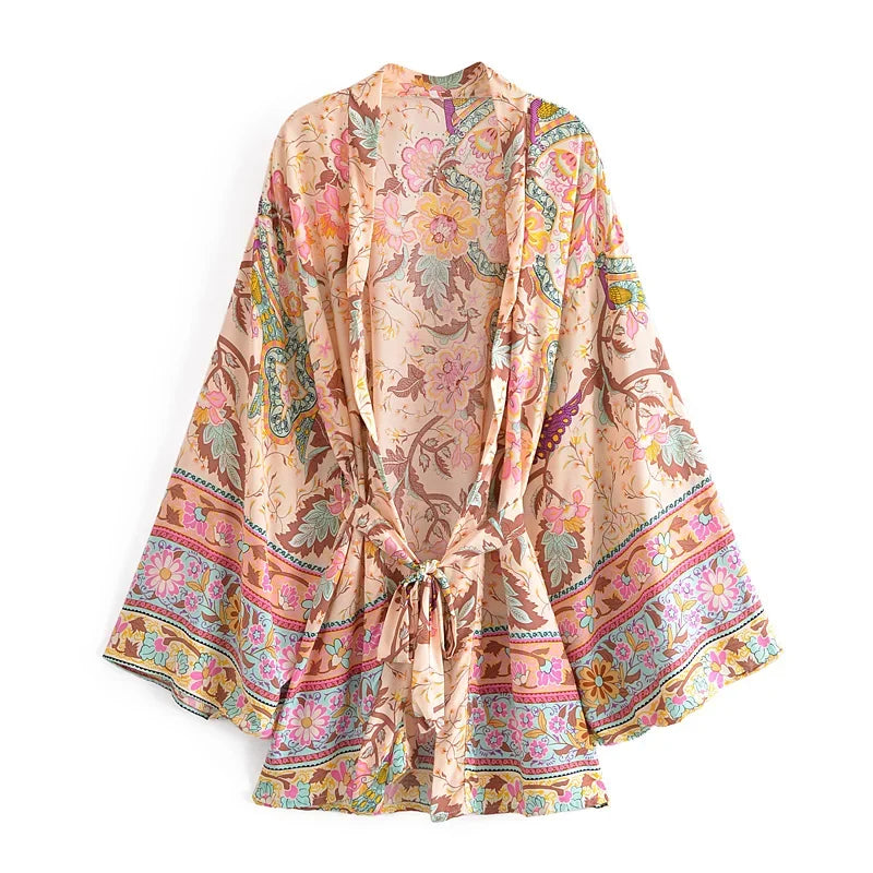 Vintage Peacock Floral Kimono – Boho Short Robe with Sash & Batwing Sleeves