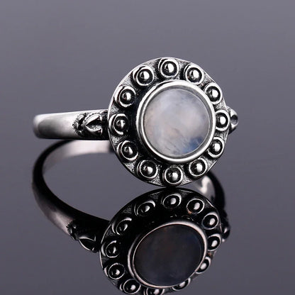 🌕 Vintage Round Moonstone Ring – 925 Sterling Silver (Sizes 5–12)