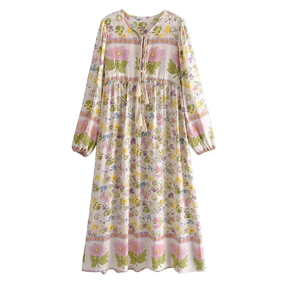 Boho Floral Ruffle Maxi Dress – Lantern Sleeve Cotton-Rayon Blend