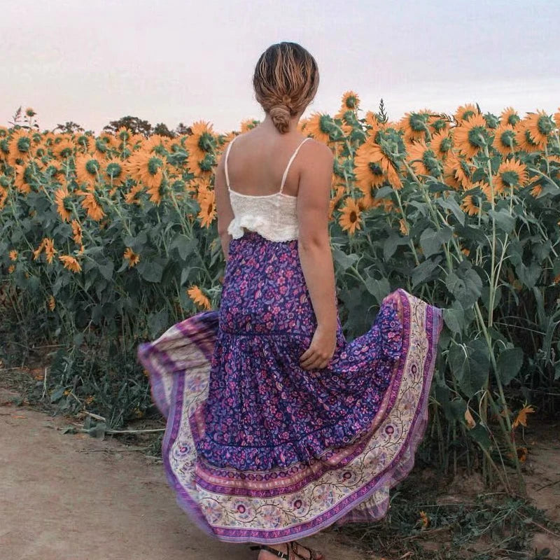 Amethyst Meadow: Boho Floral Tassel Maxi Skirt