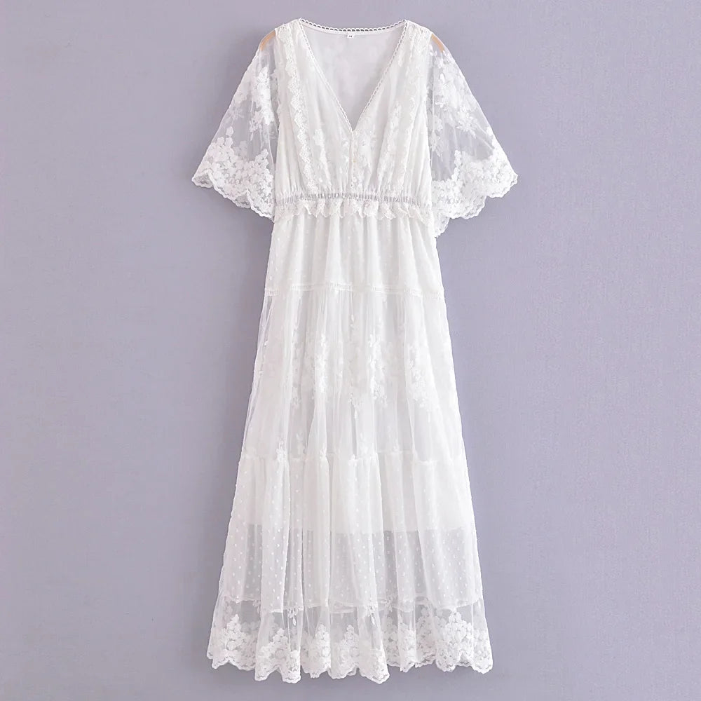 Boho White Lace Maxi Dress – V-Neck Hollow-Out Summer Sundress