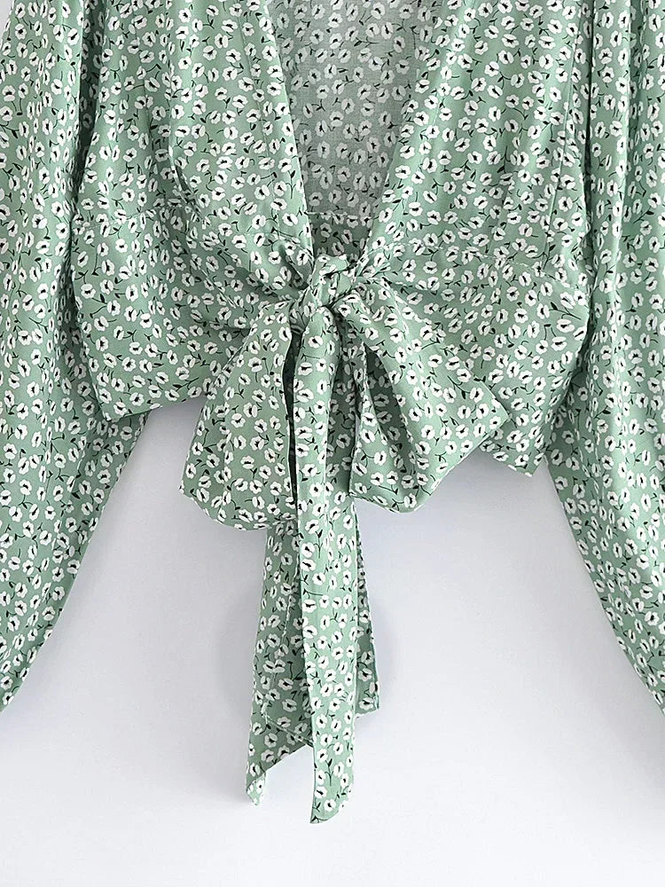 Boho Green Tie-Front Blouse – Rayon Cotton Blend