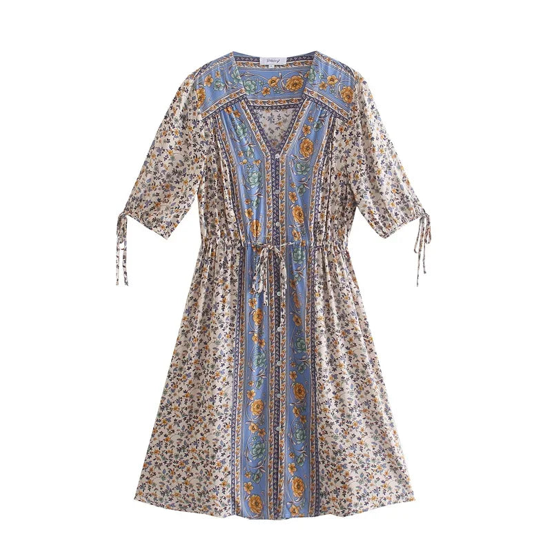 Prairie Bloom Boho Midi Dress - Vintage Floral Charm