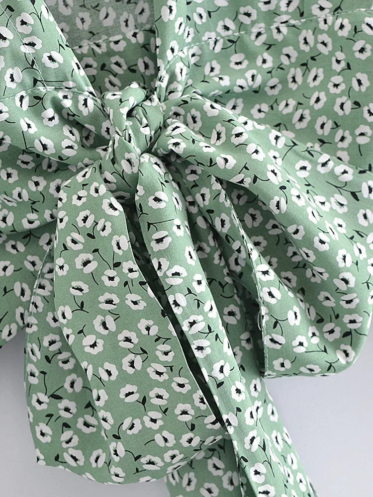Boho Green Tie-Front Blouse – Rayon Cotton Blend