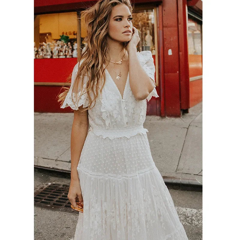 Boho White Lace Maxi Dress – V-Neck Hollow-Out Summer Sundress