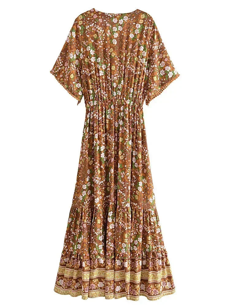 Boho Garden Walk Maxi Dress – Brown Floral