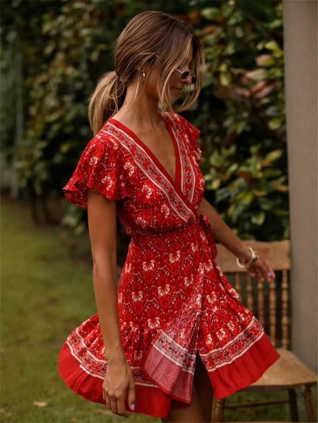 Crimson Bloom: Boho Floral Wrap-Style Mini Dress