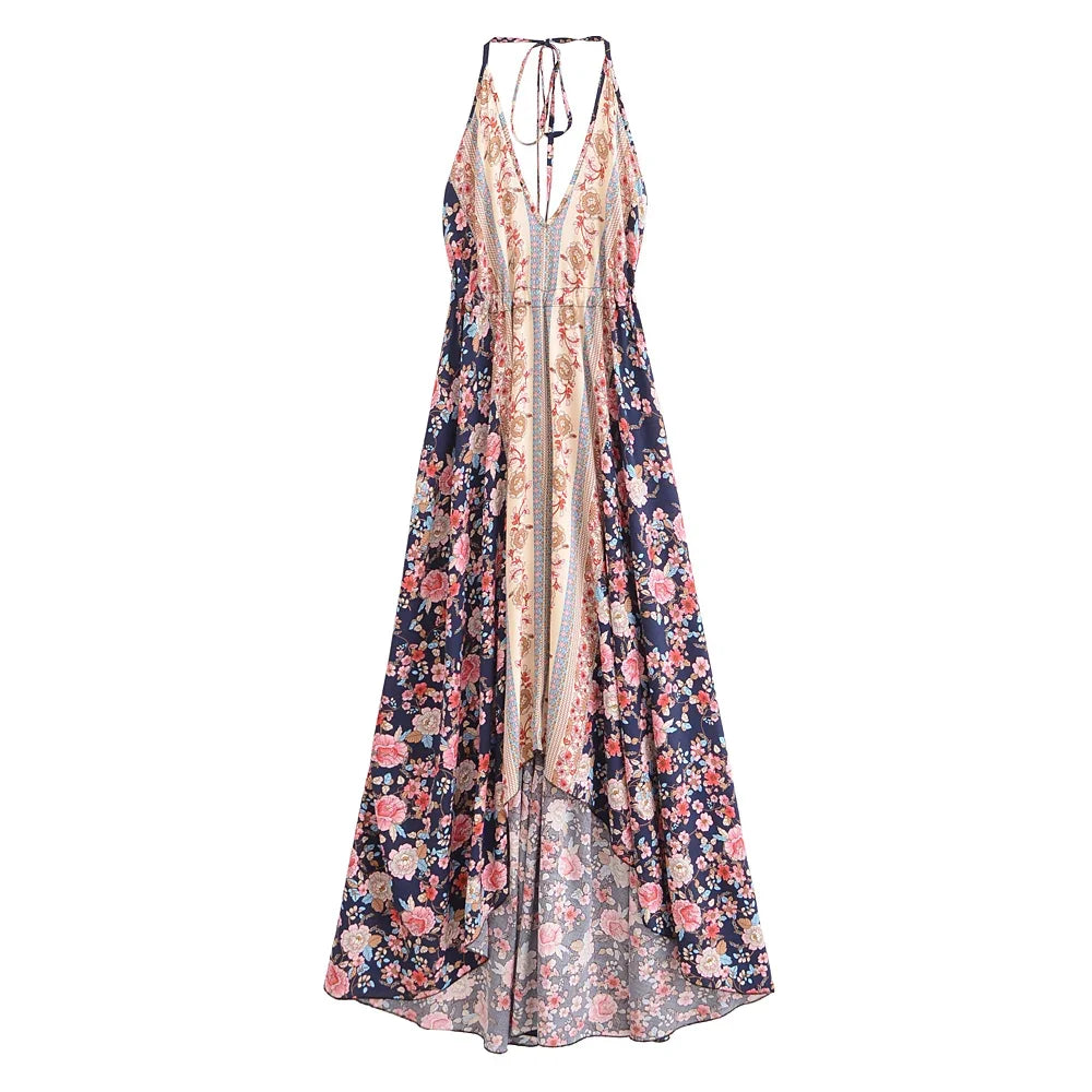 Wild Floral High-Low Boho Maxi Dress – Sexy Open Back Tassel Dress