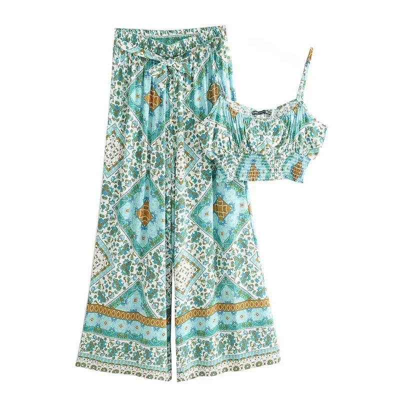 🌿 Boho Bliss 2-Piece Set – Green Floral Crop Top & Wide-Leg Pants