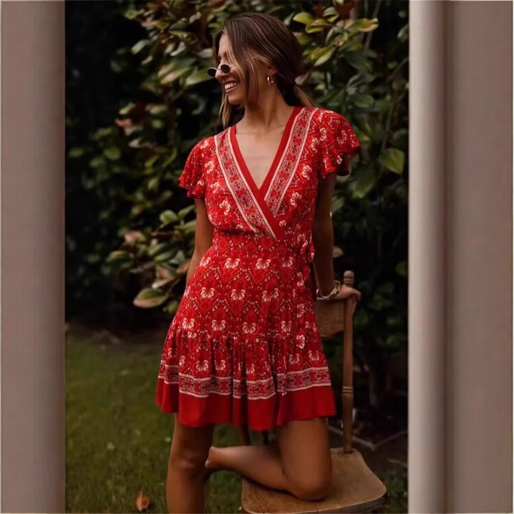Crimson Bloom: Boho Floral Wrap-Style Mini Dress
