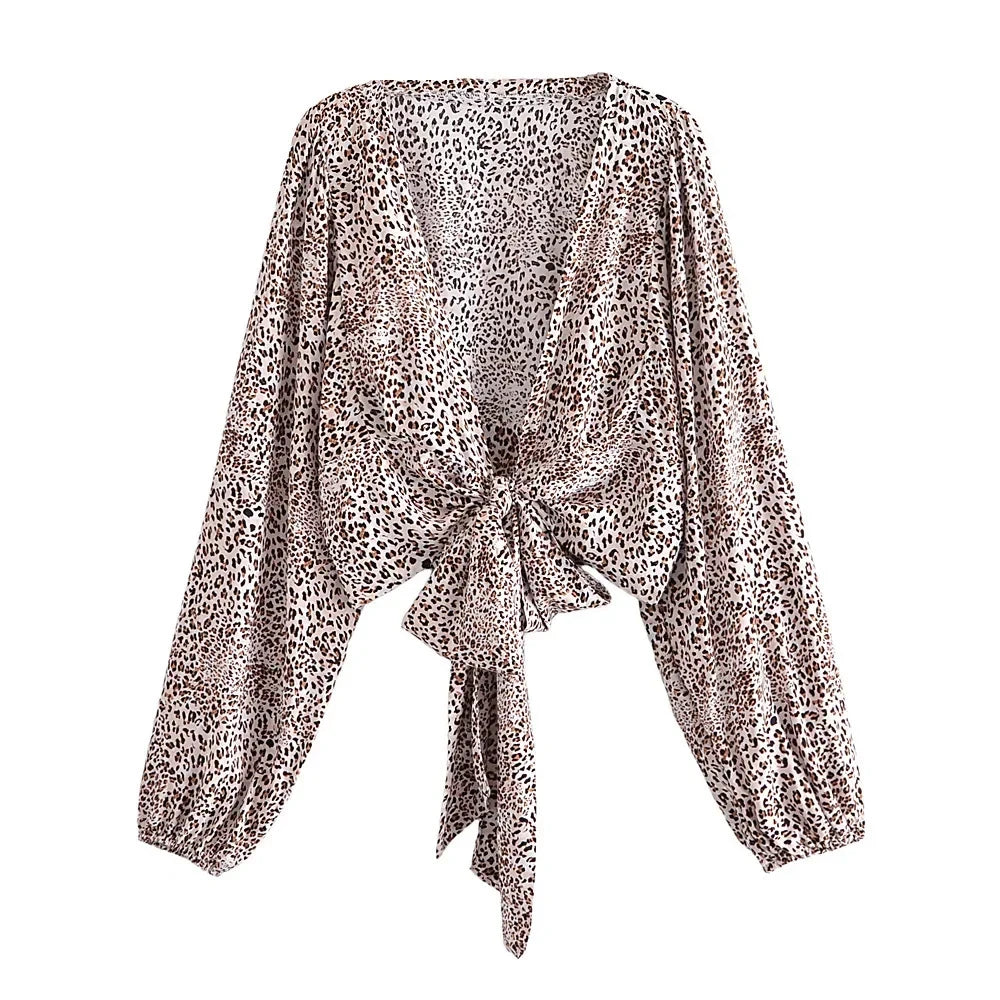 Boho Leopard Tie-Front Blouse – Rayon Cotton Blend