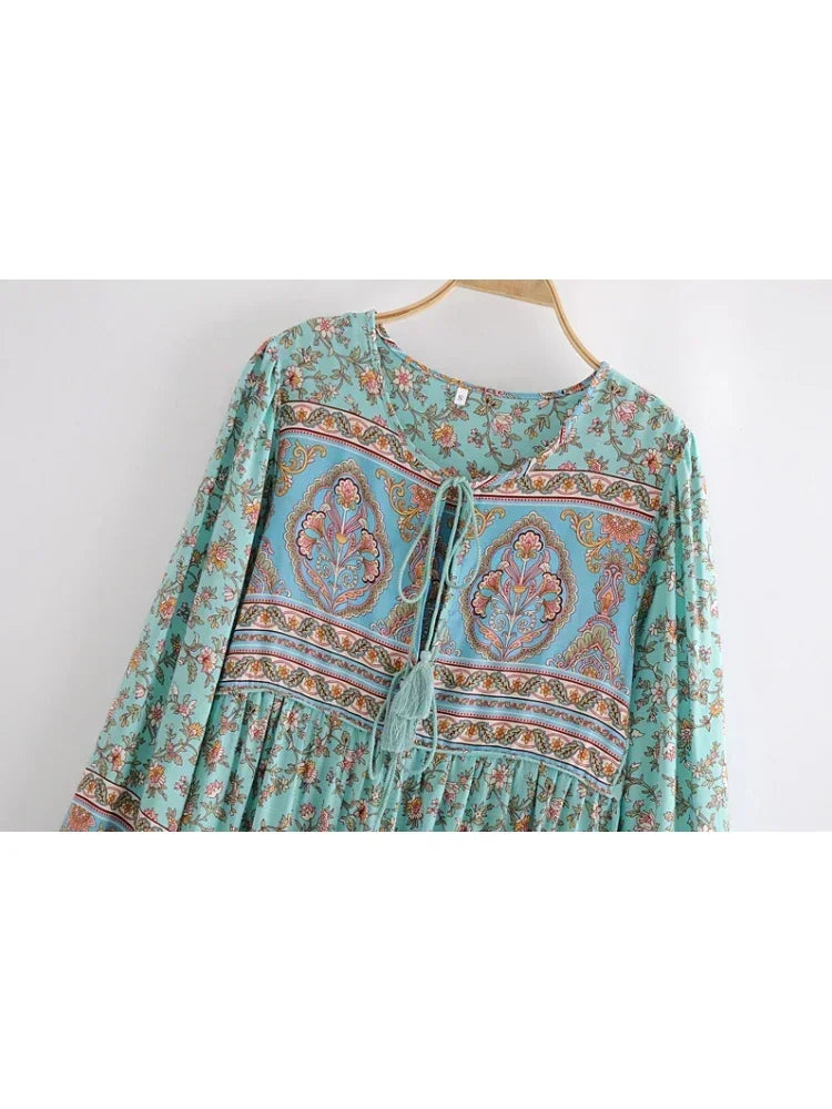 Prairie Dreamer: Boho Floral Print Long-Sleeve Maxi Dress
