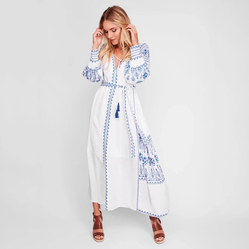 🌿 Boho Goddess Embroidered Maxi Robe