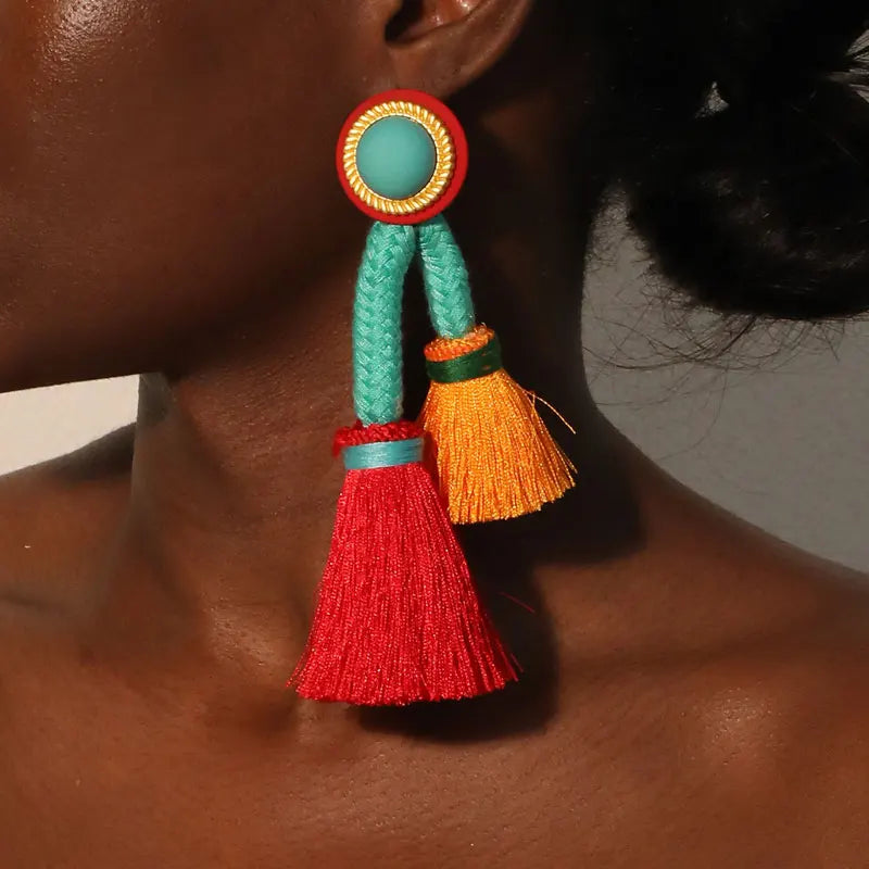 Boho Statement Tassel Earrings – Colorful Yarn Drop Earrings (13cm)