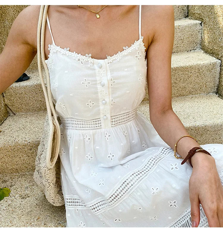 Boho White Lace Cotton Maxi Dress – Spaghetti Strap Summer Flow
