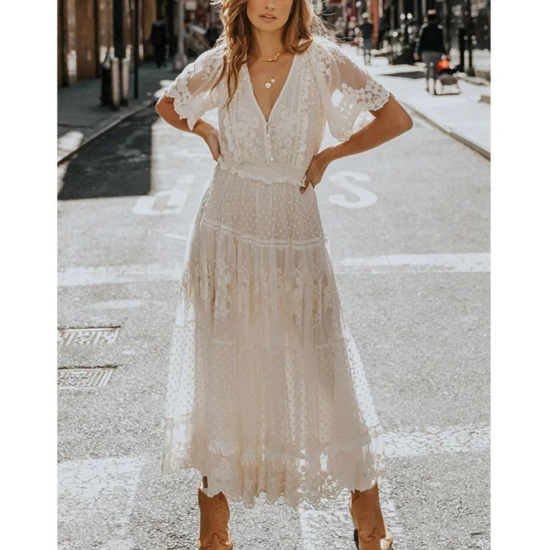 Boho White Lace Maxi Dress – V-Neck Hollow-Out Summer Sundress