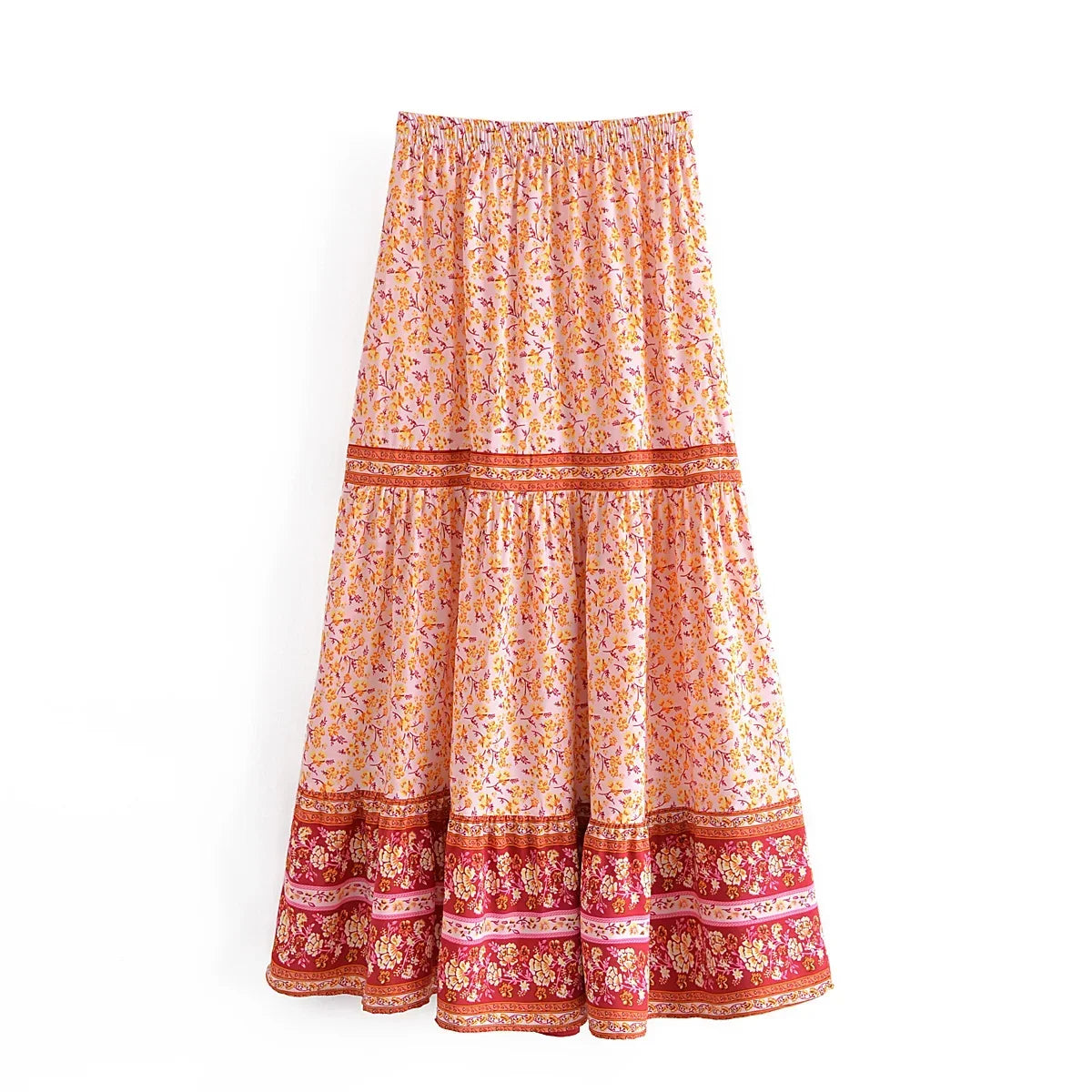 Boho Floral Tiered Midi Skirt – Cotton & Rayon Blend
