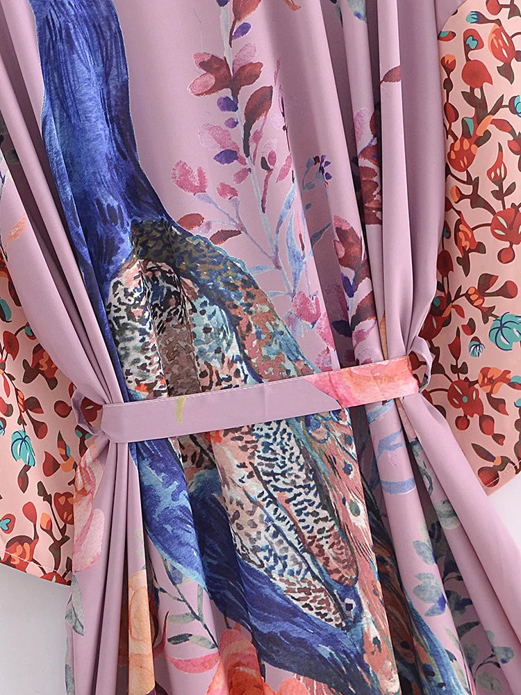 Boho Peacock & Floral Print Kimono Robe – One Size