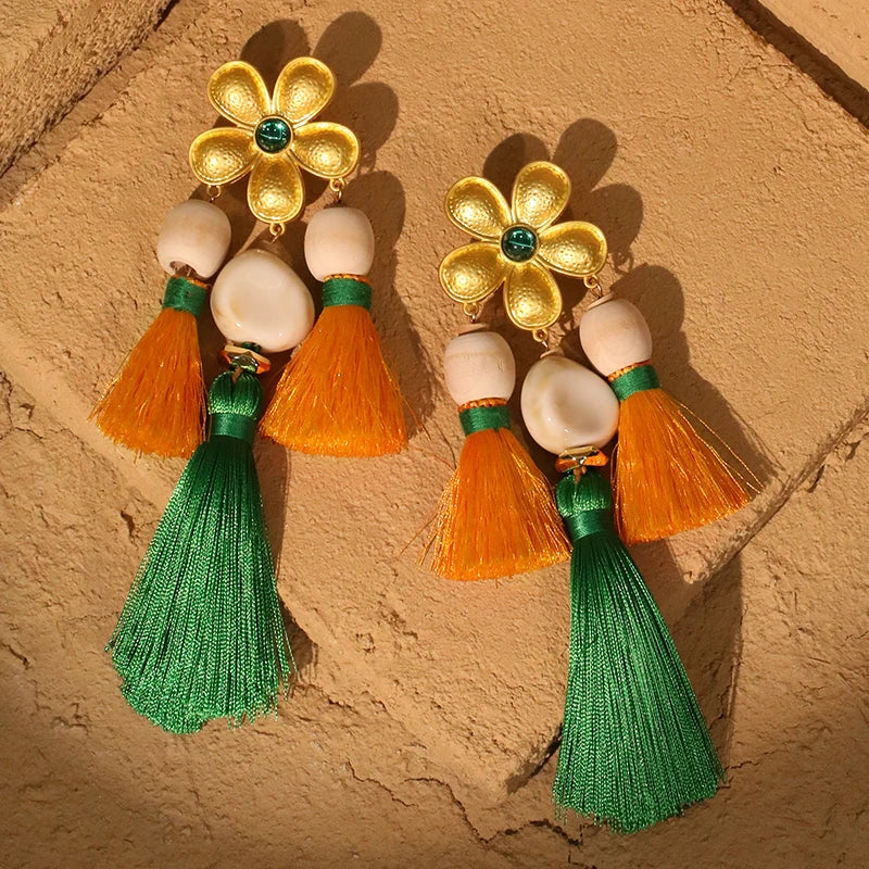 Tropic Bloom: Boho Floral & Double Tassel Statement Earrings