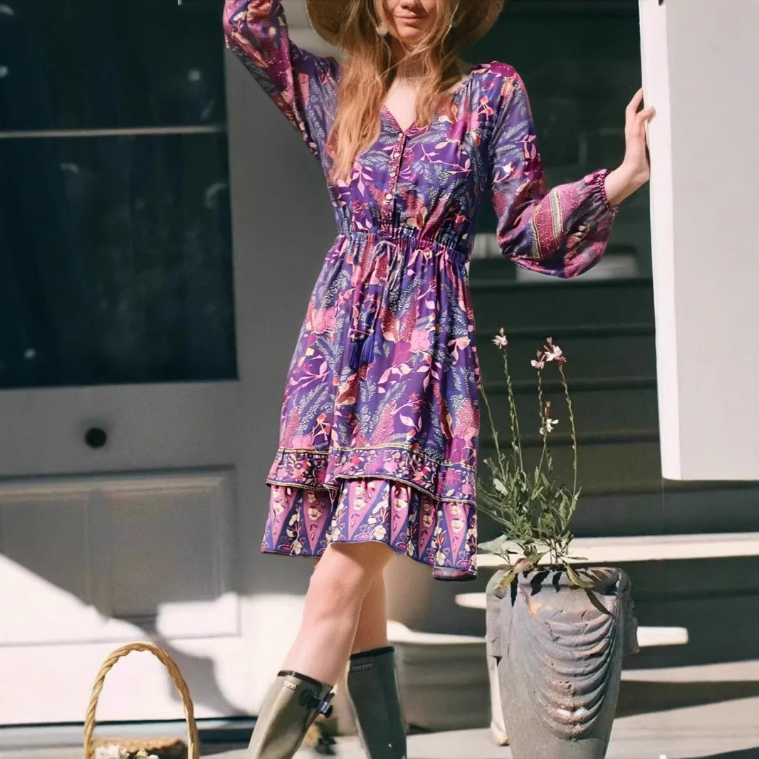 Jewel Tone Paisley: Boho Long-Sleeve Ruffle Mini Dress