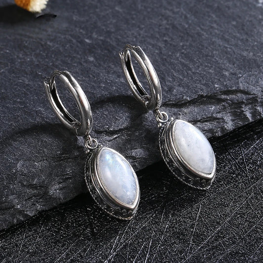 🌙 Sterling Silver Moonstone Drop Earrings – 925 Boho Elegance