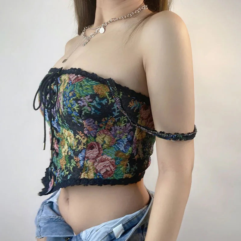 Boho Floral Lace-Up Corset Crop Top – Adjustable Fit