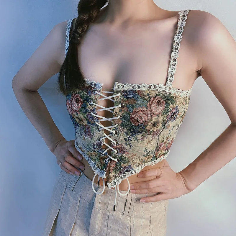 Boho Floral Lace-Up Corset Crop Top – Adjustable Fit