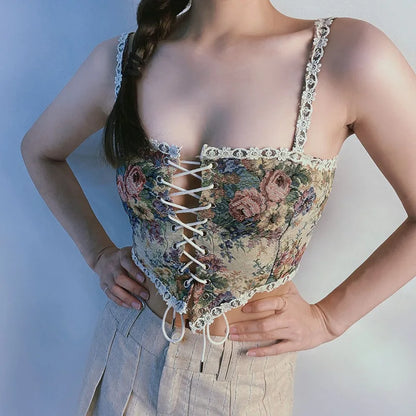 Boho Floral Lace-Up Corset Crop Top – Adjustable Fit