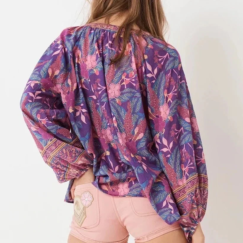 Purple Feather Boho Blouse – Button Detail &amp; Flowy Fit