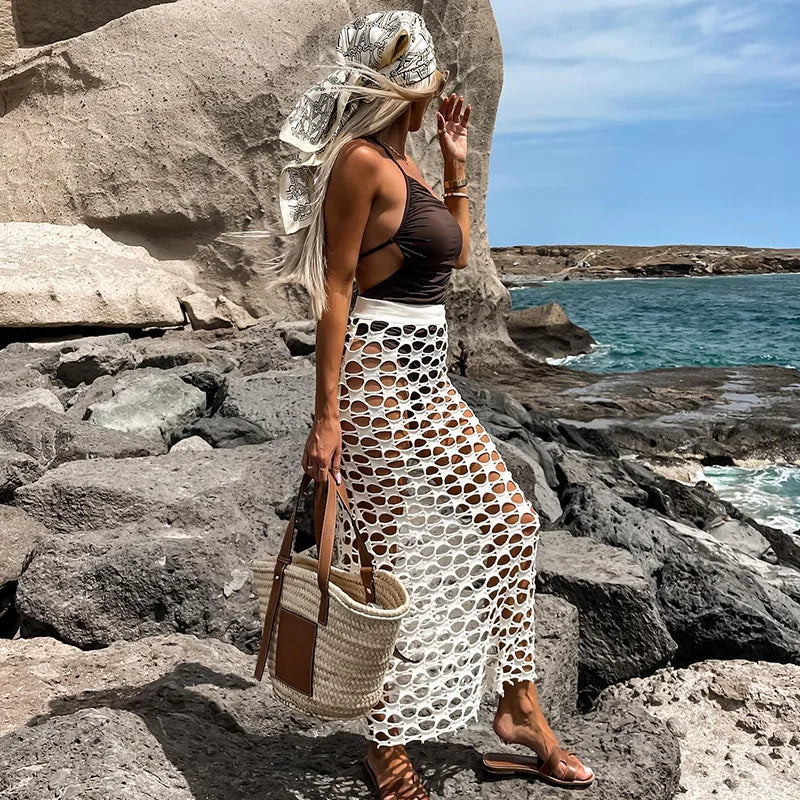 Boho Hollow Knit Maxi Skirt – High-Waisted Beach Cover-Up