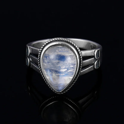 🌙 Teardrop Moonstone 925 Silver Ring – 9x13mm Natural Stone