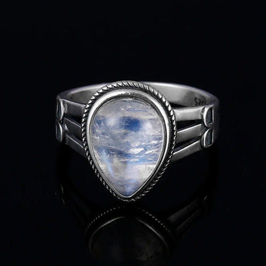 🌙 Teardrop Moonstone 925 Silver Ring – 9x13mm Natural Stone