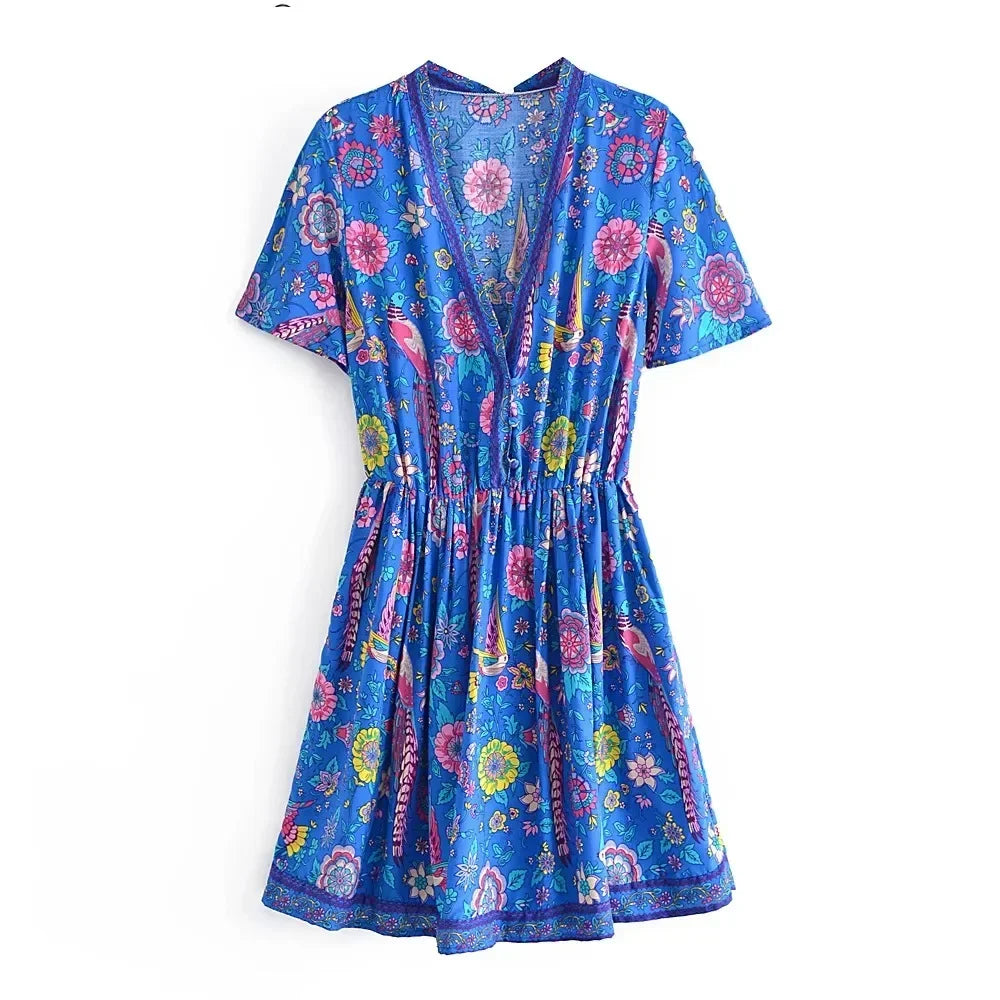 Blue Peacock Floral Boho Mini Dress