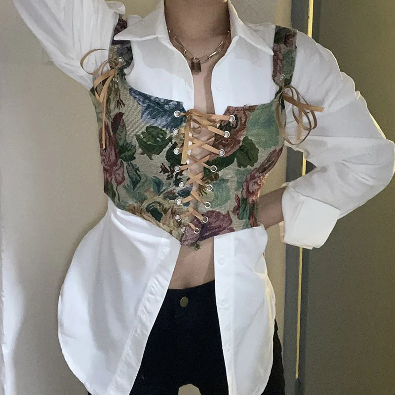 Floral Tapestry Lace-Up Corset Top – Boho Vintage Bustier