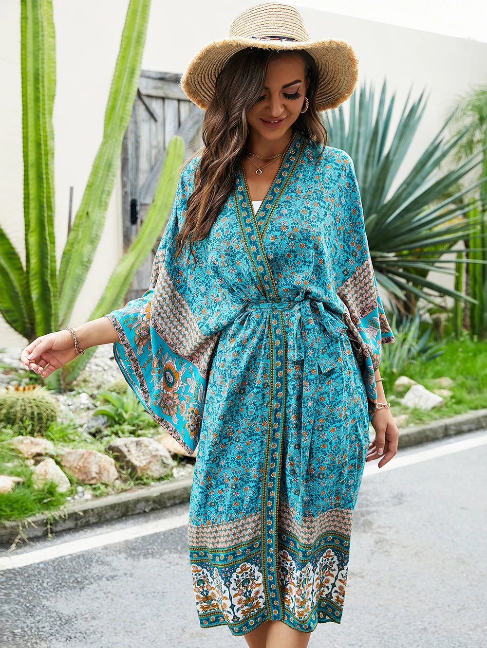 🌿 Boho Turquoise Kimono Dress