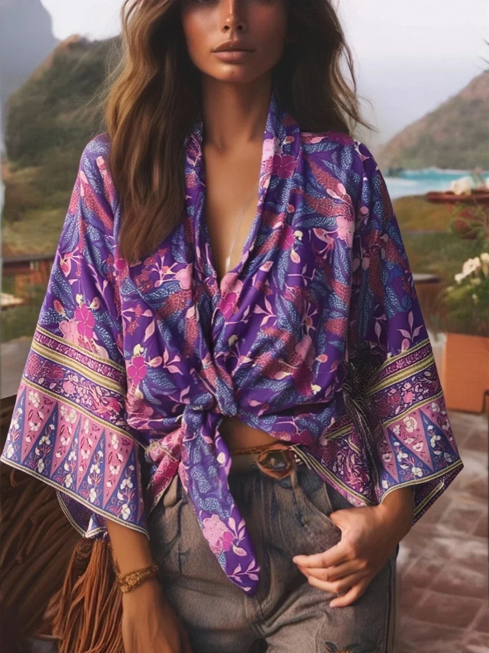 Boho Tie-Front Floral Kimono – Lightweight Rayon Beach Cover-Up