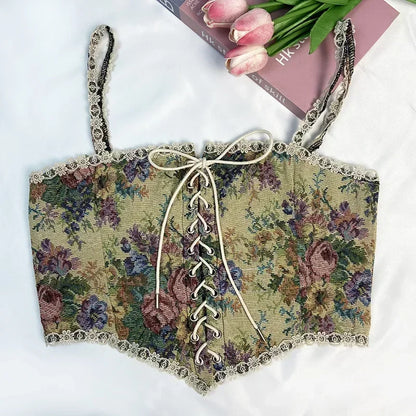 Boho Floral Lace-Up Corset Crop Top – Adjustable Fit