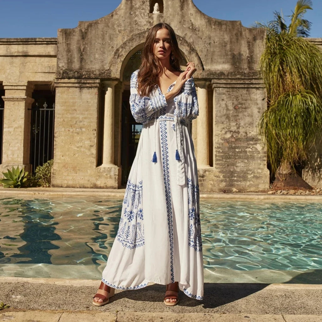 🌿 Boho Goddess Embroidered Maxi Robe