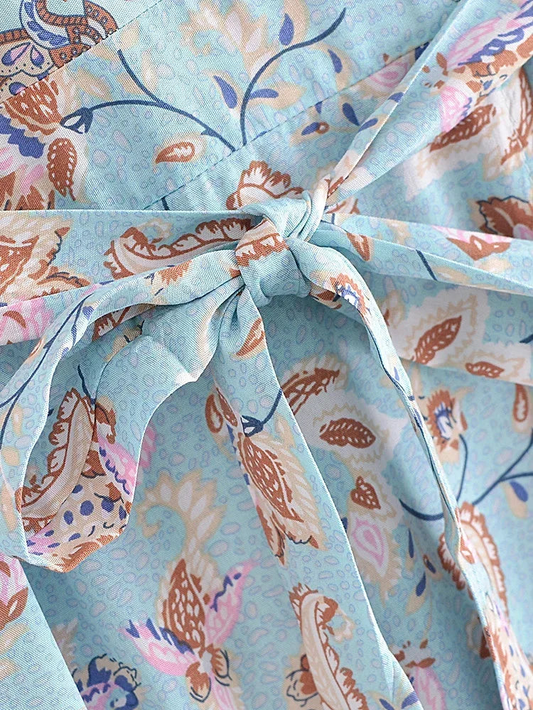 Sky Bloom Wrap Mini Dress – Boho Cotton/Rayon Blend