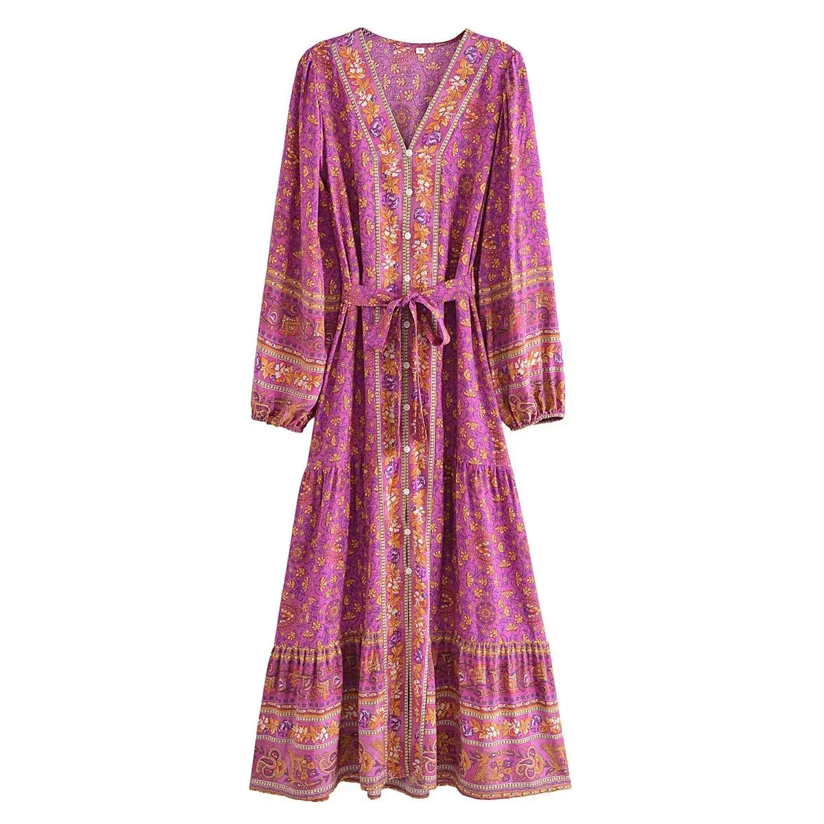 🌿 Boho Button-Up Floral Maxi Dress – Green, Red, or Brown