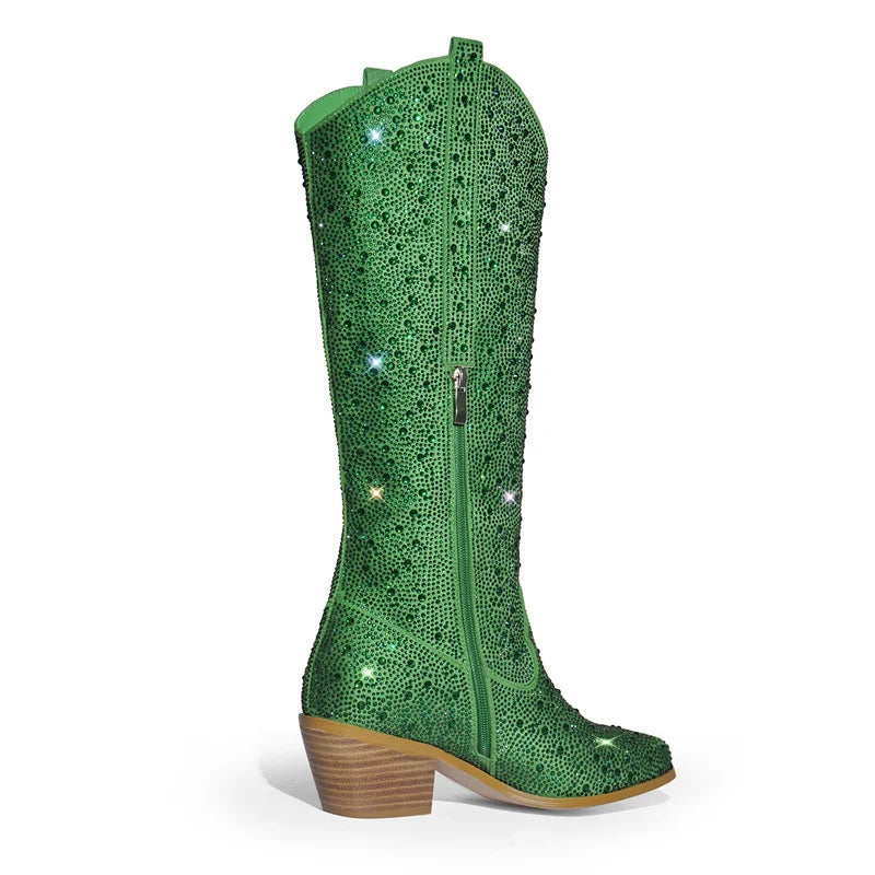 Green Rhinestone Cowgirl Boots – Star Cutout Western Mid-Calf Boots