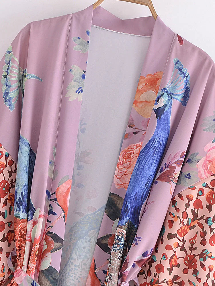 Boho Peacock & Floral Print Kimono Robe – One Size
