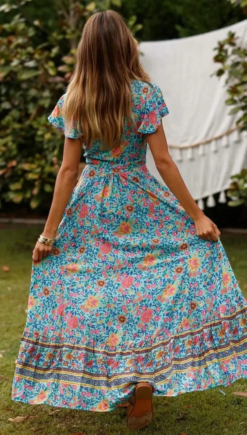 Boho Slit-Front Wrap Dress – Rayon Butterfly Sleeve Maxi